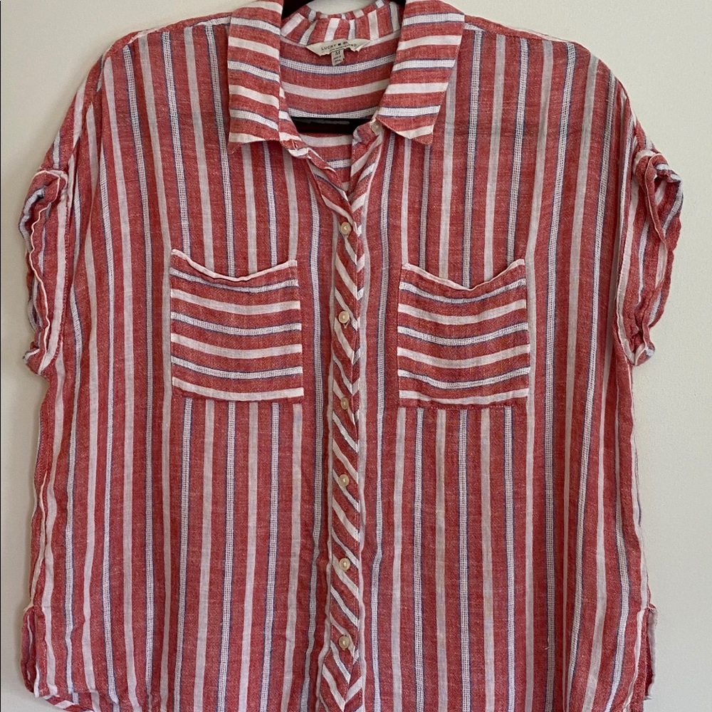 LUCKY BRAND red stripe linen top. Size M.
